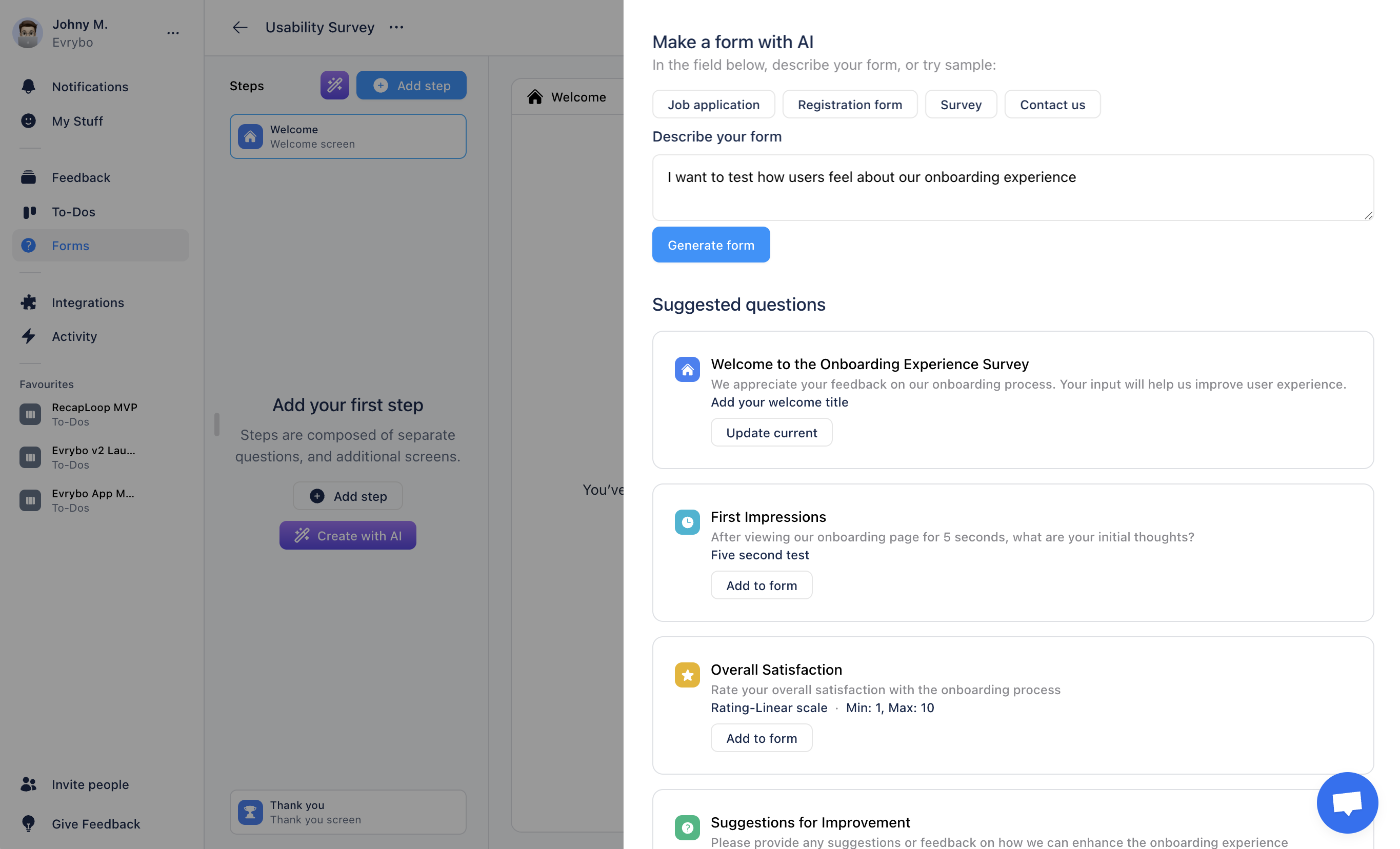 Evrybo AI: Survey form screenshot